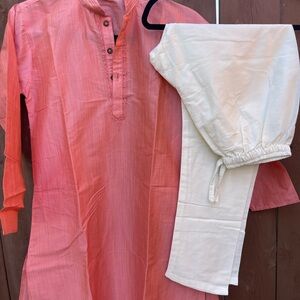 Coral Kurta with White Pants